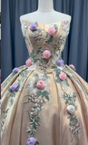 Gorgeous Strapless Ball Gown Satin Long Prom Dresses Applique Gold Quinceanera Dresses Sweet 16 Dress HZ1121