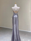 Pretty Sheath Halter Sleeveless Long Silver Gray Sequin Prom Dresses Evening Dresses HZ1214