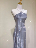 Pretty Sheath Halter Sleeveless Long Silver Gray Sequin Prom Dresses Evening Dresses HZ1214