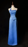Vintage Asymmetric Neck Sheath Long Evening Dresses Satin Blue Guest Dress HZ1121