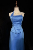 Vintage Asymmetric Neck Sheath Long Evening Dresses Satin Blue Guest Dress HZ1121