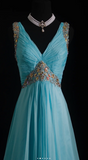 Vintage V-neck A-Line Long Evening Dresses Chiffon Turquoise Prom Dresses HZ1121