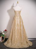 Gorgeous Strapless A-Line Long Evening Dresses Tulle Gold Prom Dresses HZ1121