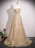 Gorgeous Strapless A-Line Long Evening Dresses Tulle Gold Prom Dresses HZ1121