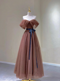 Pretty A line Off The Shoulder Brown Tulle Long Prom Dresses Evening Dresses HZ1214