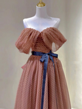 Pretty A line Off The Shoulder Brown Tulle Long Prom Dresses Evening Dresses HZ1214
