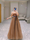 Pretty A line Off The Shoulder Brown Tulle Long Prom Dresses Evening Dresses HZ1214