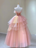 Pretty Ball Gown Strapless Pink Tulle Long Prom Dresses Evening Dresses HZ1214