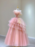 Pretty Ball Gown Strapless Pink Tulle Long Prom Dresses Evening Dresses HZ1214