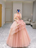 Pretty Ball Gown Strapless Pink Tulle Long Prom Dresses Evening Dresses HZ1214