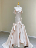 Unique Mermaid Off The Shoulder Ruffles Layers Long Satin Pink Wedding Dresses Brides Dress HZ1214