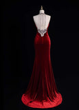 Elegant V-neck Sheath Long Prom Dresses Velvet Open Back Burgundy Evening Dresses HZ1121