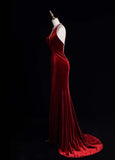 Elegant V-neck Sheath Long Prom Dresses Velvet Open Back Burgundy Evening Dresses HZ1121