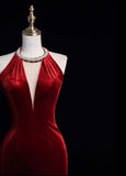 Elegant V-neck Sheath Long Prom Dresses Velvet Open Back Burgundy Evening Dresses HZ1121