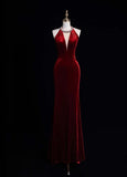 Elegant V-neck Sheath Long Prom Dresses Velvet Open Back Burgundy Evening Dresses HZ1121