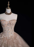 Gorgeous Strapless Ball Gown Applique Long Prom Dresses Tulle Blush Pink Sweet 16 Dresses HZ1121