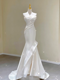 Unique Mermaid Strapless Neckline Satin Long Wedding Dresses White Brides Dress HZ1214