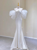 Unique Mermaid Strapless Neckline Satin With Puffy Sleeves Long Wedding Dresses White Brides Dress HZ1214