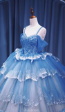 Gorgeous Off-the-Shoulder Ball Gown Tulle Long Prom Dresses Blue Quinceanera Dresses Sweet 16 Dresses HZ1121