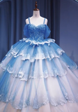 Gorgeous Off-the-Shoulder Ball Gown Tulle Long Prom Dresses Blue Quinceanera Dresses Sweet 16 Dresses HZ1121