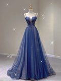 Pretty A Line Spaghetti Straps Blue Navy Blue Sleeveless Long Prom Dresses Evening Dresses HZ1214