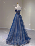 Pretty A Line Spaghetti Straps Blue Navy Blue Sleeveless Long Prom Dresses Evening Dresses HZ1214