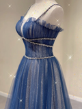 Pretty A Line Spaghetti Straps Blue Navy Blue Sleeveless Long Prom Dresses Evening Dresses HZ1214