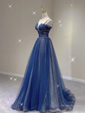 Pretty A Line Spaghetti Straps Blue Navy Blue Sleeveless Long Prom Dresses Evening Dresses HZ1214