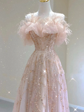 Pretty A line Off The Shoulder Sequin Pink Tulle Long Prom Dresses Evening Dresses HZ1214