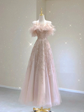 Pretty A line Off The Shoulder Sequin Pink Tulle Long Prom Dresses Evening Dresses HZ1214