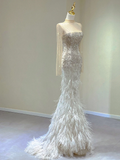 Classy Elegant Mermaid Strapless Long Sleeves Beads Feathers Satin Wedding Dresses Brides Dress HZ1214