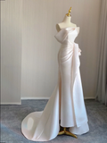 Unique Mermaid Off The Shoulder Ruffles Long Satin Pink Wedding Dresses Brides Dress HZ1214