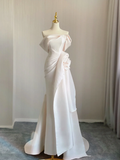 Unique Mermaid Off The Shoulder Ruffles Long Satin Pink Wedding Dresses Brides Dress HZ1214