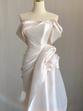 Unique Mermaid Off The Shoulder Ruffles Long Satin Pink Wedding Dresses Brides Dress HZ1214