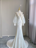 Classy Elegant Mermaid High Neckline Long Sleeves Lace Satin Wedding Dresses Brides Dress HZ1214