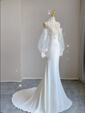 Classy Elegant Mermaid High Neckline Long Sleeves Lace Satin Wedding Dresses Brides Dress HZ1214