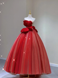Pretty Ball Gown Strapless Red Tulle Long Prom Dresses Evening Dresses HZ1214
