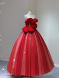 Pretty Ball Gown Strapless Red Tulle Long Prom Dresses Evening Dresses HZ1214