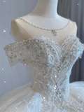 Luxury Ball Gown Scoop Neckline Long Satin Lace White Wedding Dresses Brides Dress HZ1214