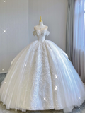 Luxury Ball Gown Scoop Neckline Long Satin Lace White Wedding Dresses Brides Dress HZ1214