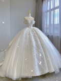 Luxury Ball Gown Scoop Neckline Long Satin Lace White Wedding Dresses Brides Dress HZ1214
