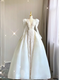 Luxury Sheath V Neckline Long Sleeves Satin Lace White Wedding Dresses Brides Dress HZ1214