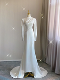 Simple Mermaid High Neckline Long Sleeves Satin White Wedding Dresses Bride Dress HZ1214