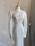 Simple Mermaid High Neckline Long Sleeves Satin White Wedding Dresses Bride Dress HZ1214