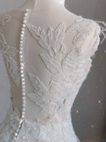 Luxury Ball Gown Scoop Neckline Long White Lace Wedding Dresses Bride Dress HZ1214
