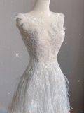 Luxury Ball Gown Scoop Neckline Long White Lace Wedding Dresses Bride Dress HZ1214