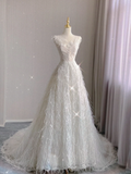 Luxury Ball Gown Scoop Neckline Long White Lace Wedding Dresses Bride Dress HZ1214