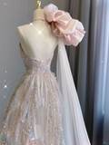 Pretty Ball Gown Jewel Pink Sequin Tulle Long Prom Dresses Evening Dresses HZ1214
