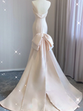 Simple Mermaid Strapless Neckline Long Satin Pink Wedding Dresses Brides Dress HZ1214