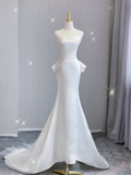 Simple Mermaid Strapless Neckline Long Satin White Wedding Dresses Brides Dress HZ1214